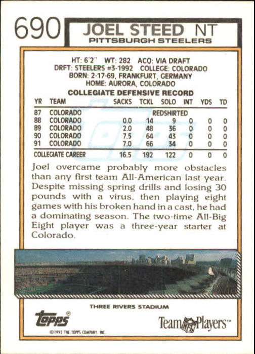 1992 Joel Steed RC Pittsburgh Steelers GameDay Card #286