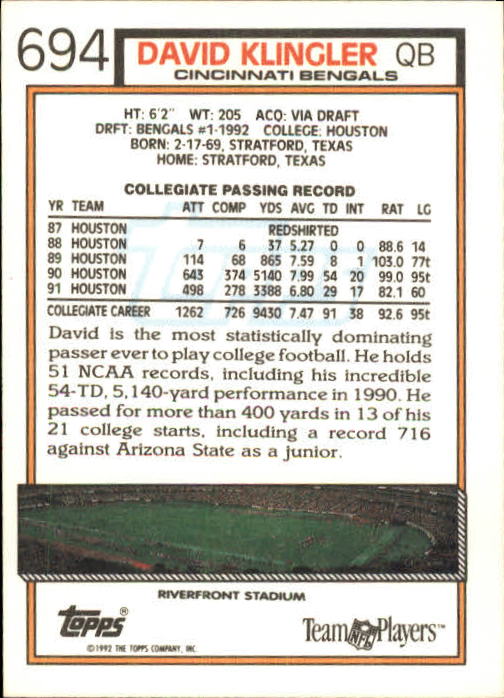1992 Topps #694 David Klingler RC back image