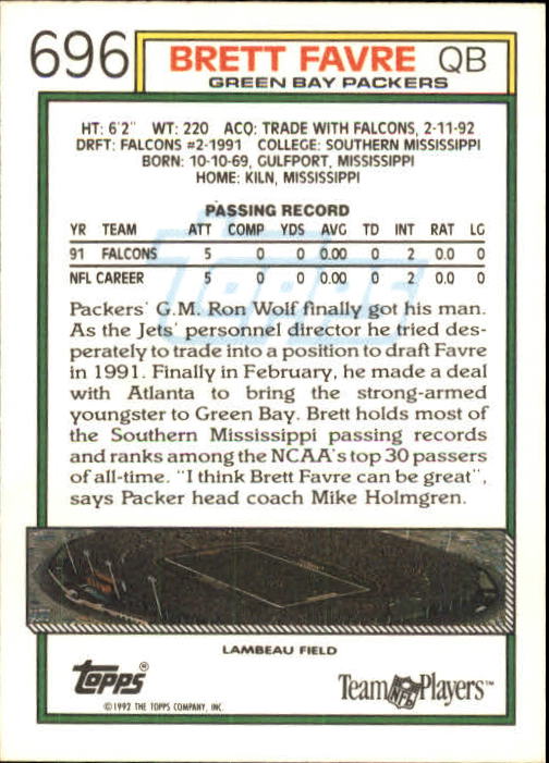 1992 Topps #696 Brett Favre back image