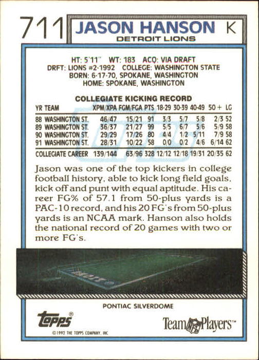 1992 Topps #711 Jason Hanson RC back image