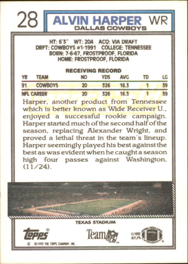 1992 Topps Gold #28 Alvin Harper back image