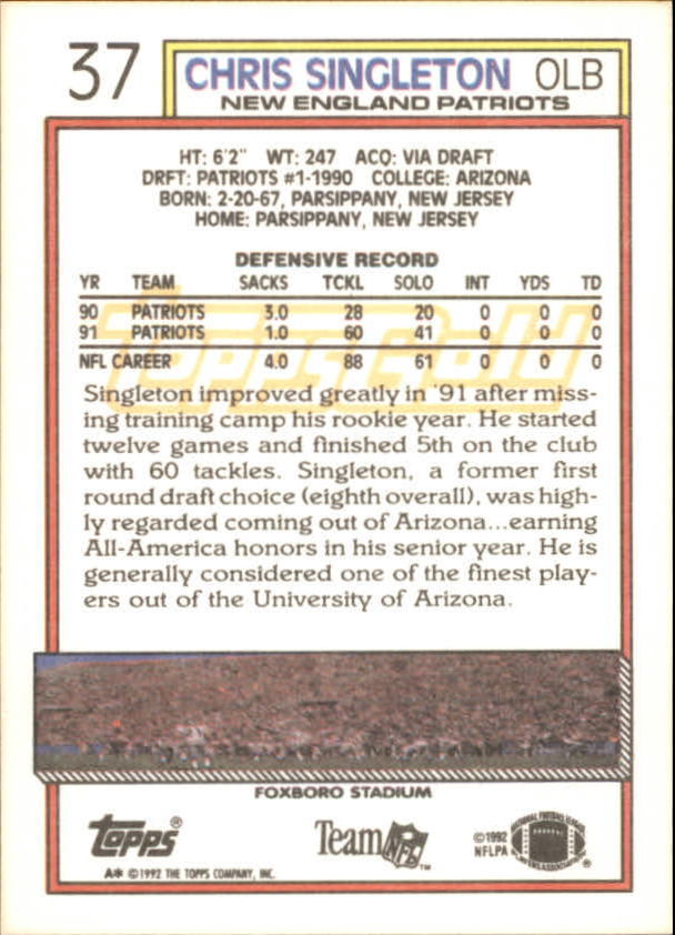 1992 Topps Gold #37 Chris Singleton back image
