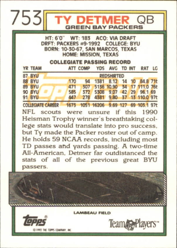 1992 Topps Gold #753 Ty Detmer back image