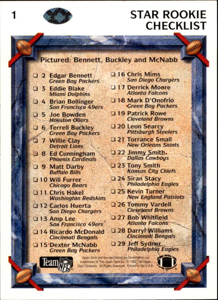 1992 Upper Deck #1 Star Rookie Checklist/Edgar Bennett/Terrell Buckley/Dexter McNabb back image