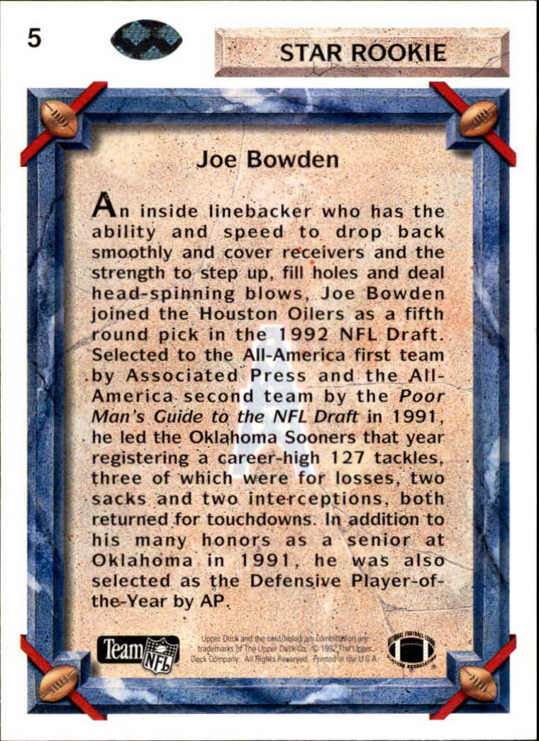 1992 Upper Deck #5 Joe Bowden RC back image