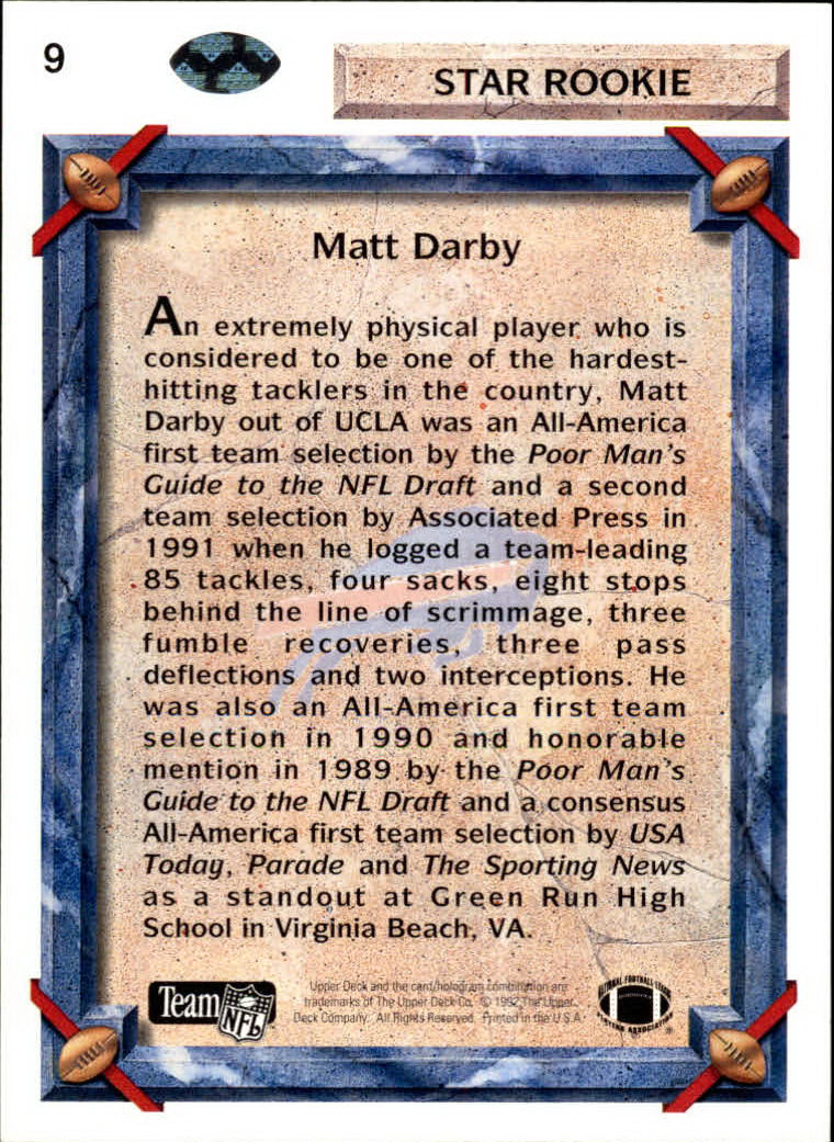 1992 Upper Deck #9 Matt Darby RC back image