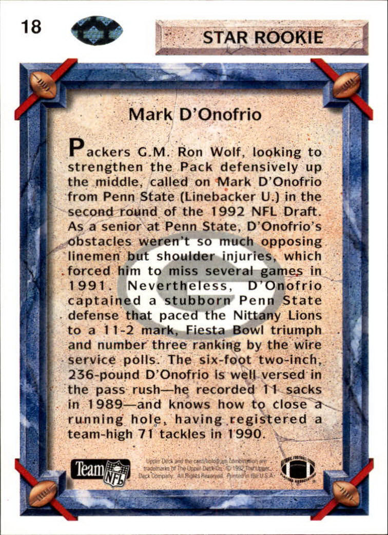 1992 Upper Deck #18 Mark D'Onofrio RC back image