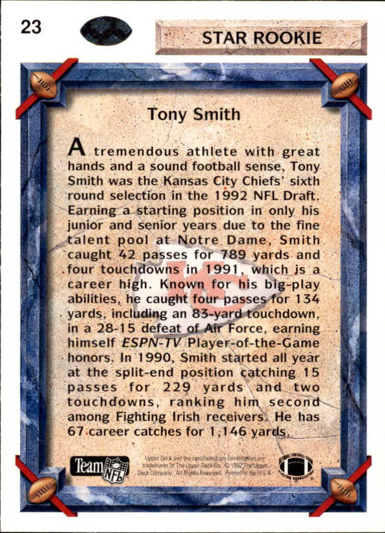 1992 Upper Deck #23 Tony Smith WR RC back image