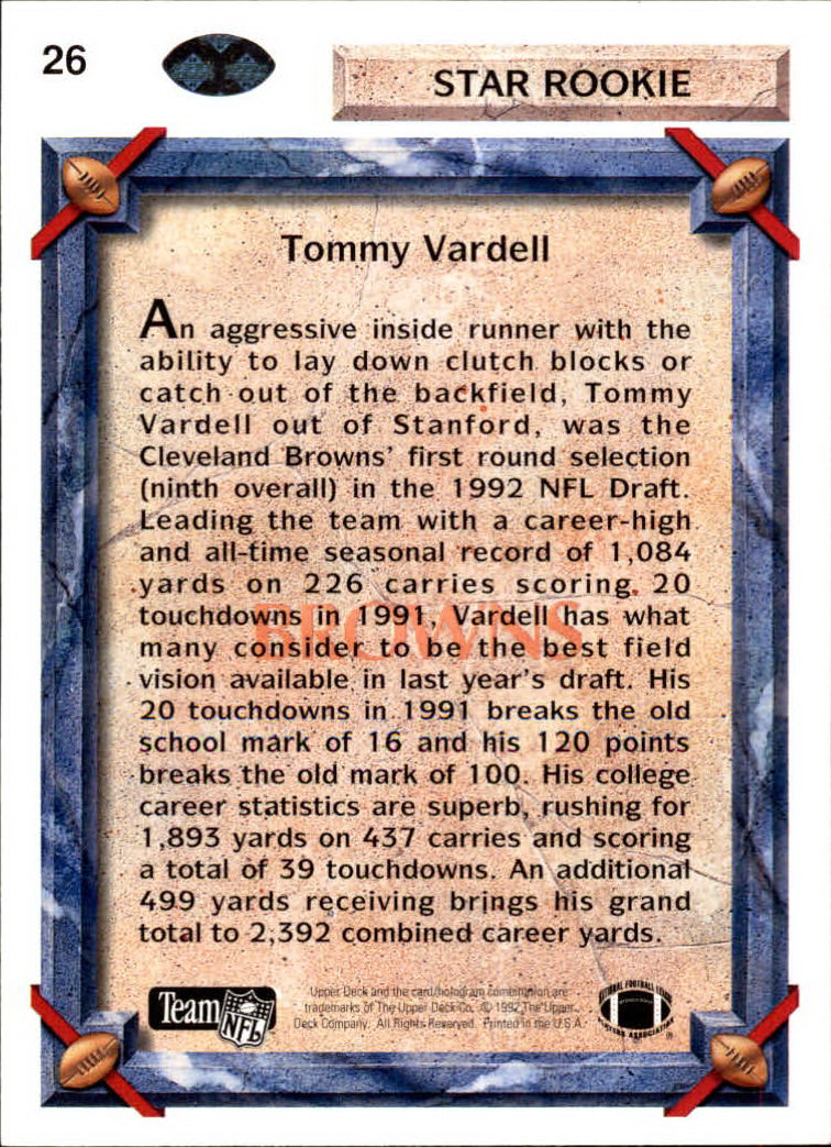 1992 Upper Deck #26 Tommy Vardell RC back image