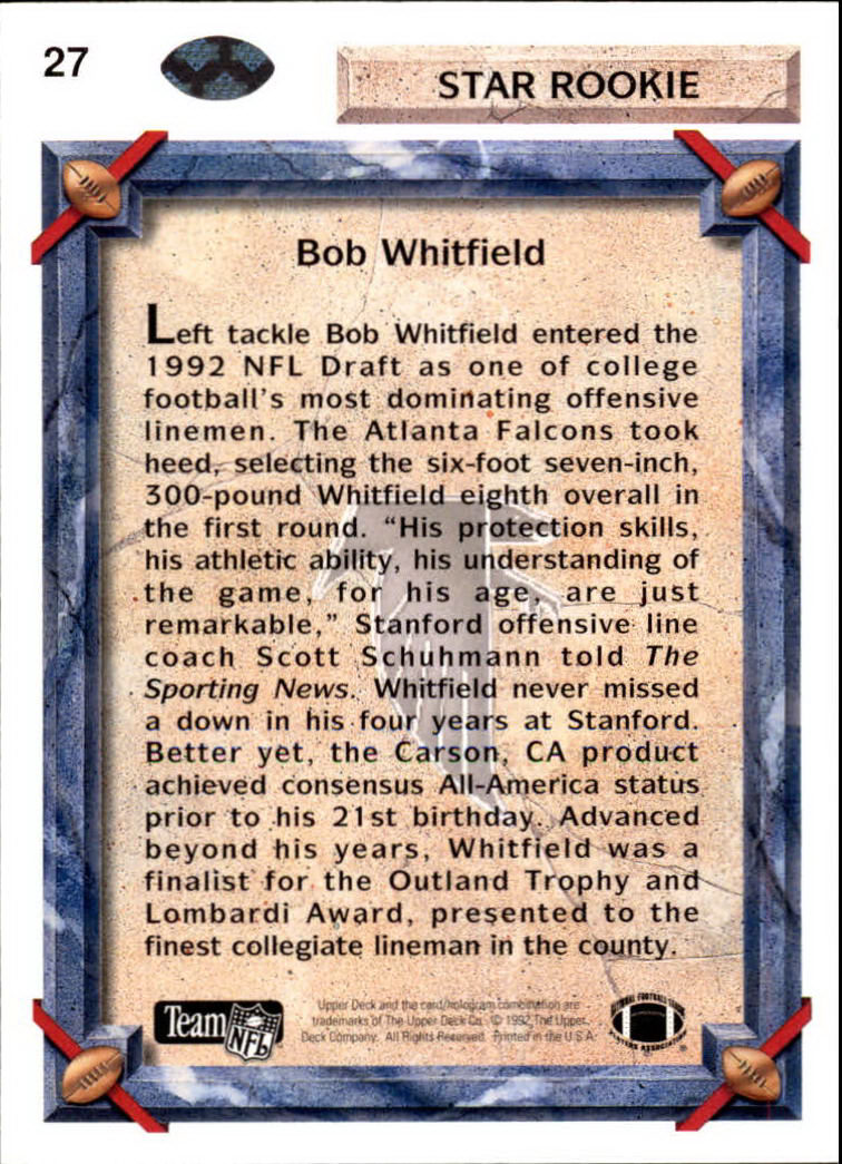 1992 Upper Deck #27 Bob Whitfield RC back image