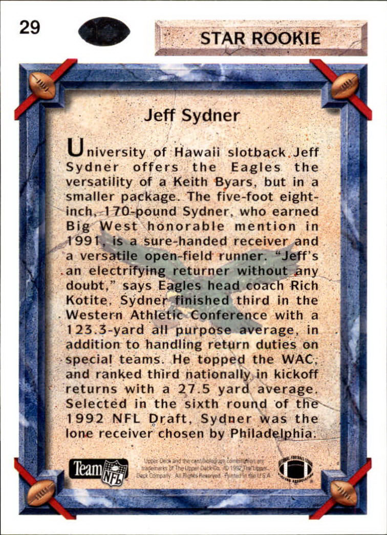 1992 Upper Deck #29 Jeff Sydner RC back image