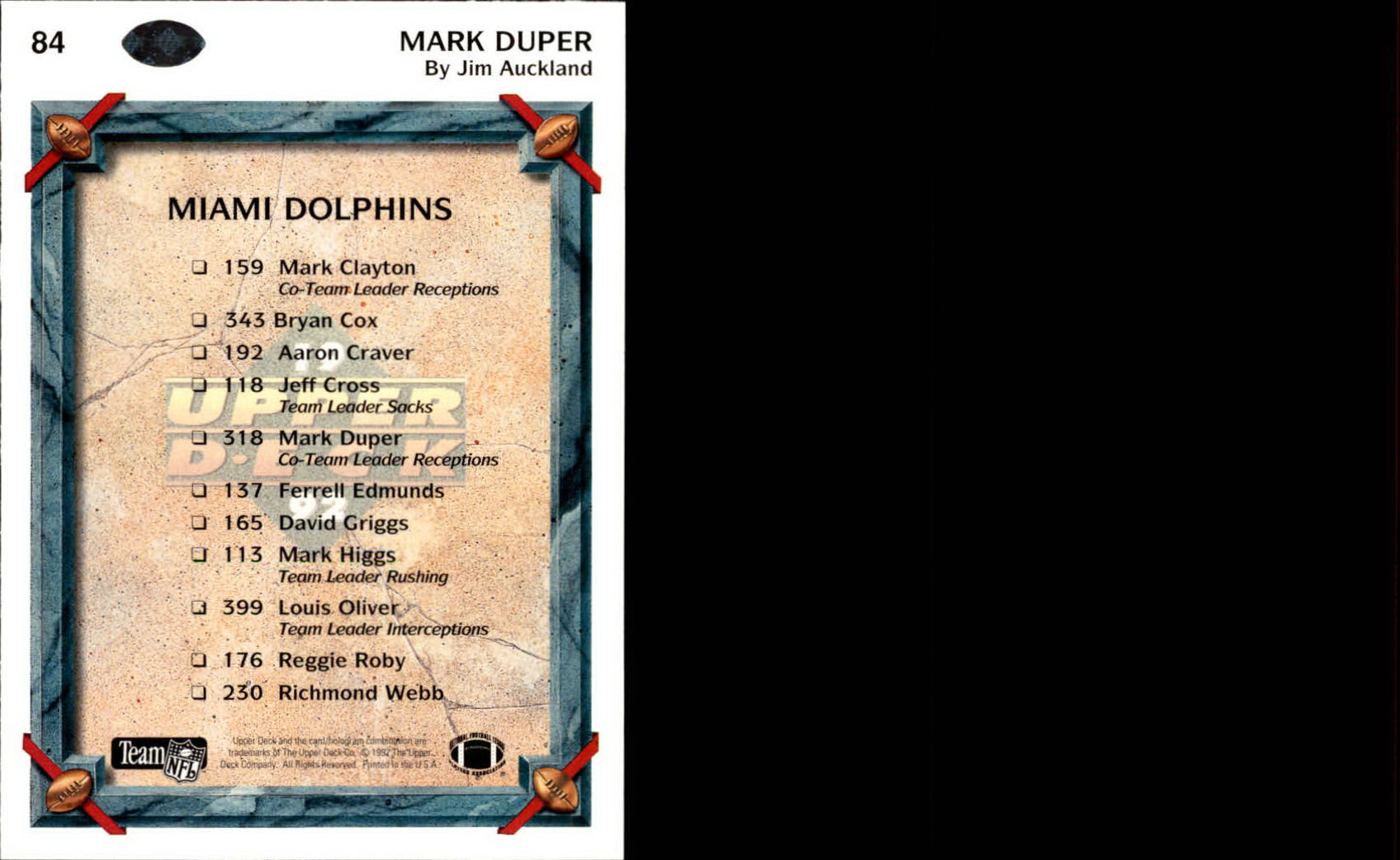1992 Upper Deck #84 Mark Duper TC back image