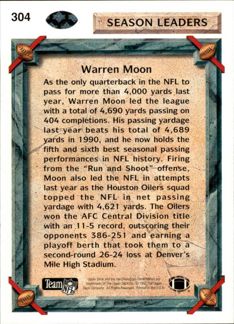 1992 Upper Deck #304 Warren Moon SL back image