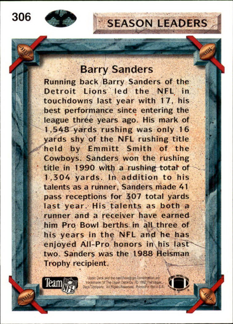 1992 Upper Deck #306 Barry Sanders SL back image