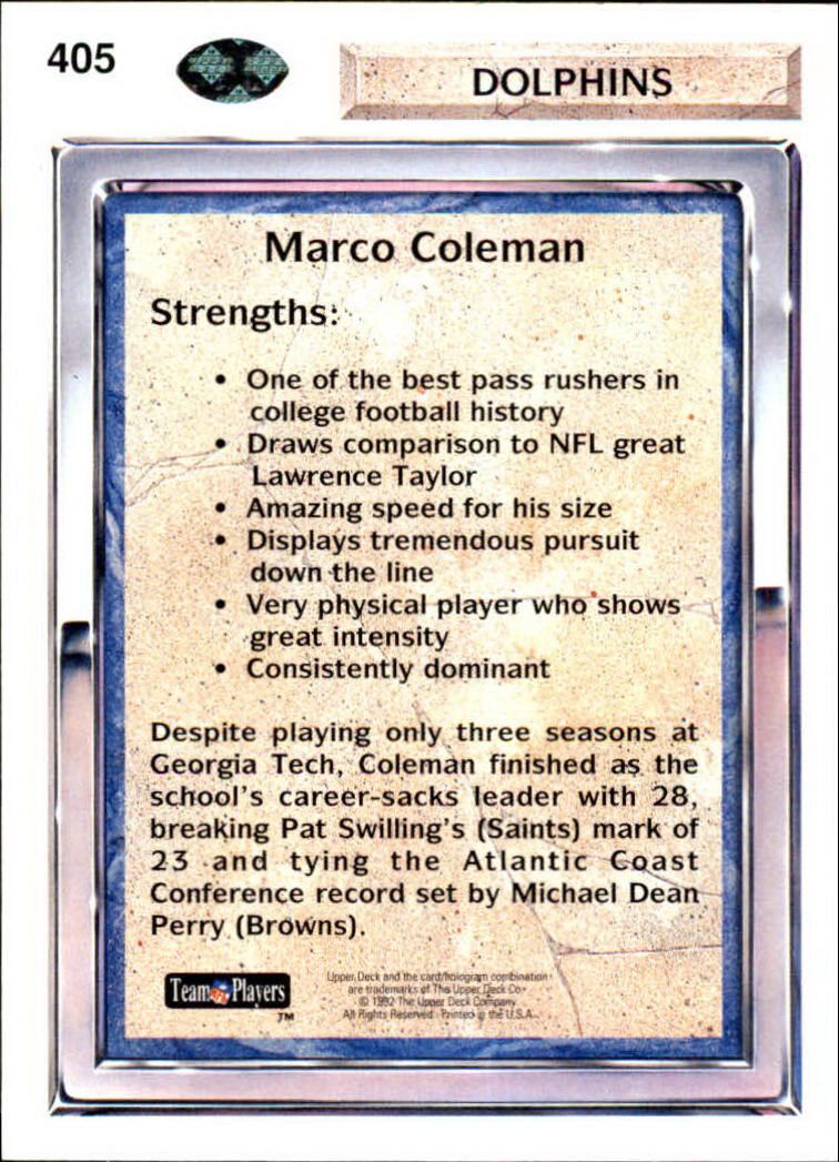 1992 Upper Deck #405 Marco Coleman back image