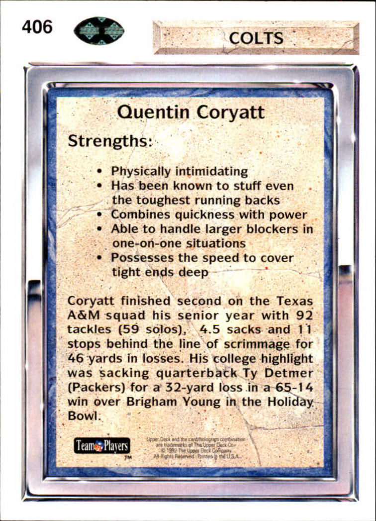 1992 Upper Deck #406 Quentin Coryatt back image