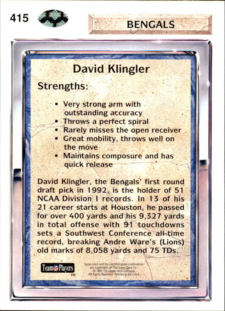1992 Upper Deck #415 David Klingler back image