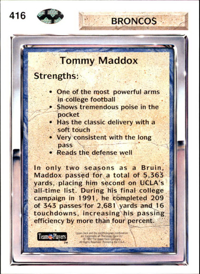 1992 Upper Deck #416 Tommy Maddox back image