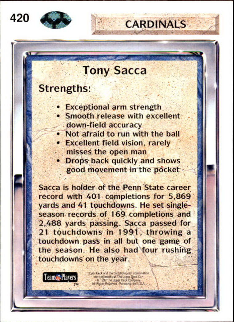 1992 Upper Deck #420 Tony Sacca RC back image