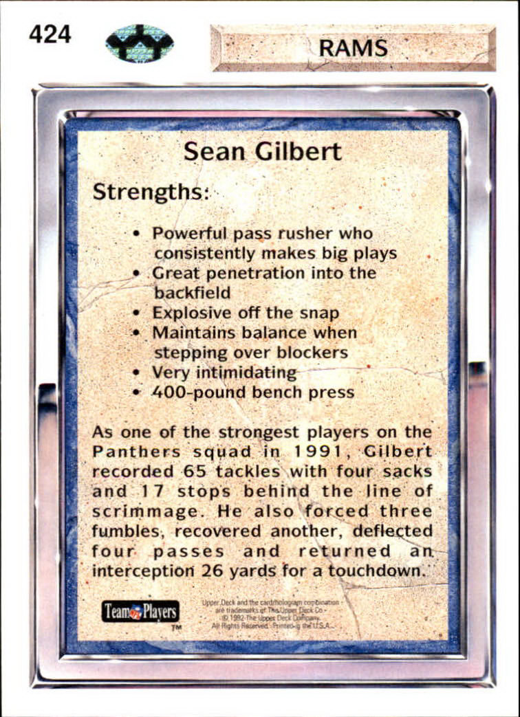 1992 Upper Deck #424 Sean Gilbert RC back image