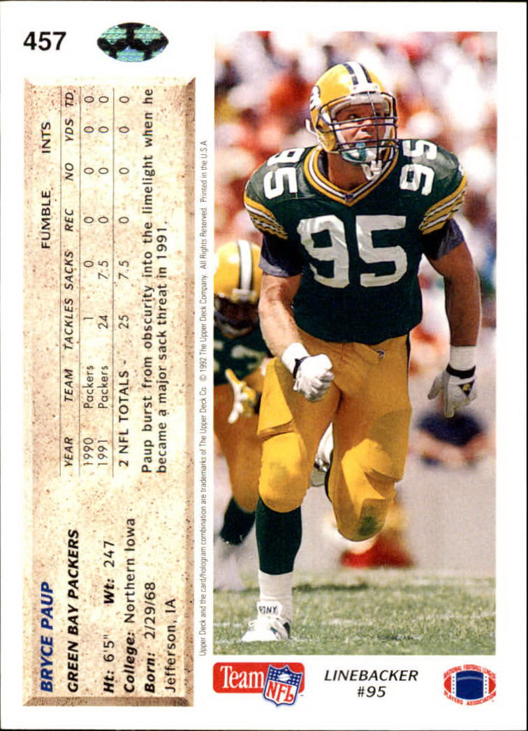 1992 Upper Deck #457 Bryce Paup back image