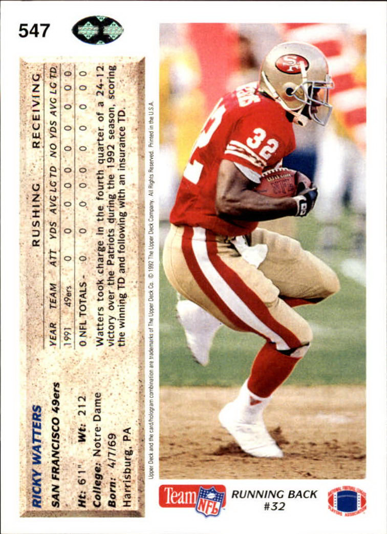 1992 Upper Deck #547 Ricky Watters back image