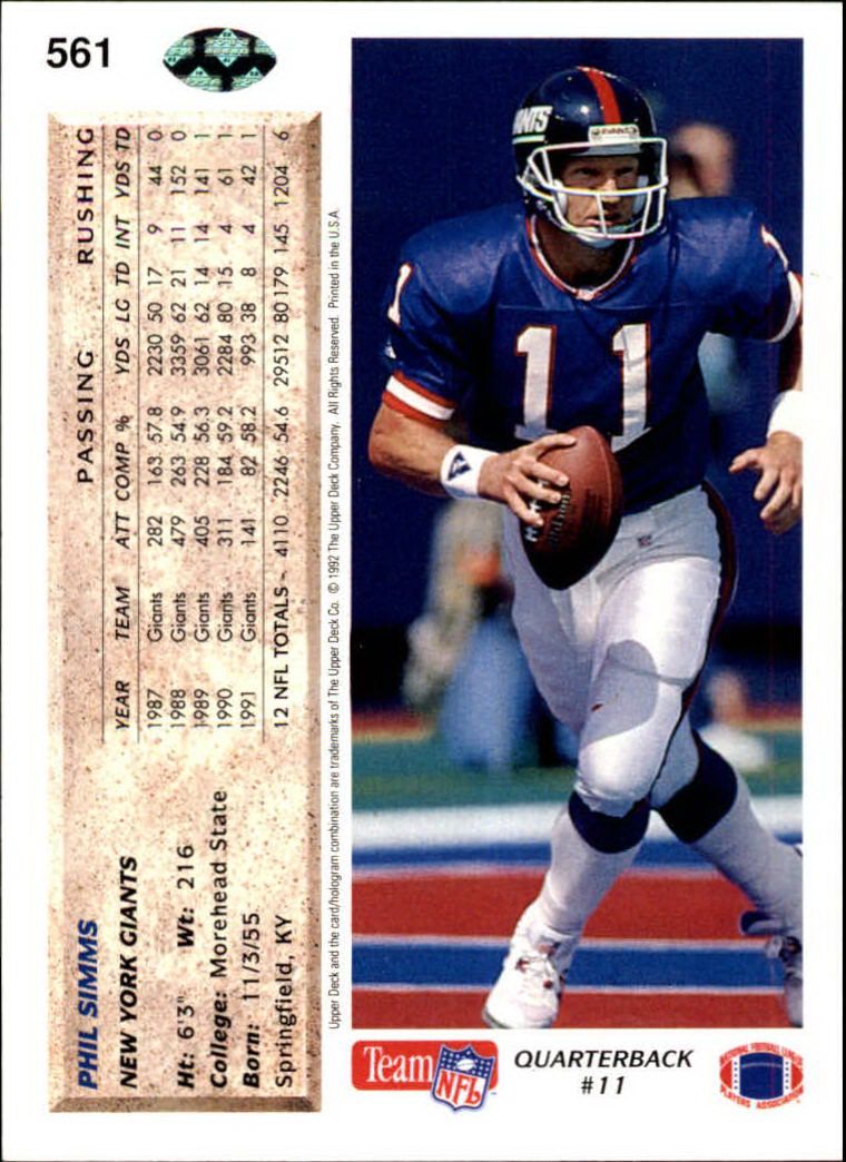 1992 Upper Deck #561 Phil Simms back image