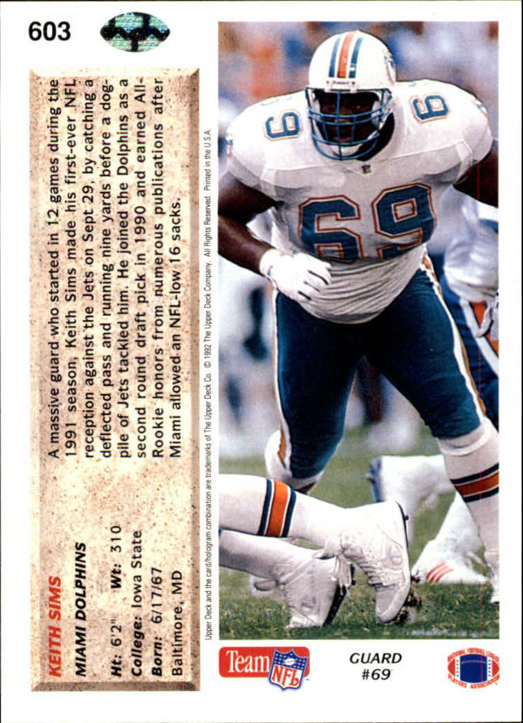 1992 Upper Deck #603 Keith Sims back image