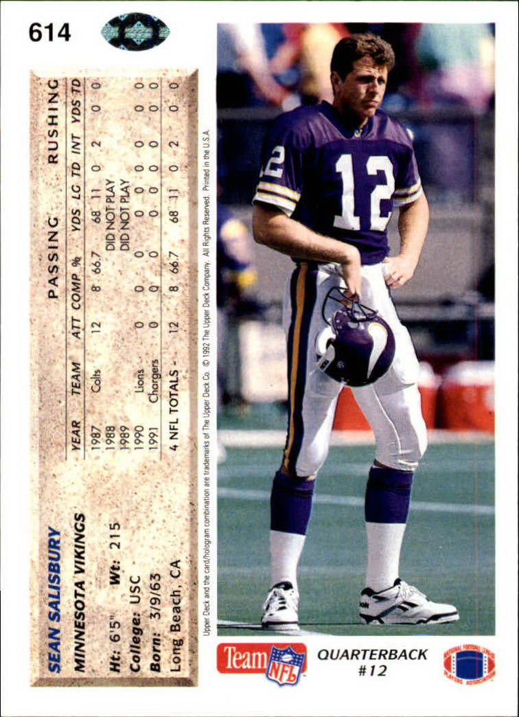 1992 Upper Deck #614 Sean Salisbury UER RC/(listed with 1990 Lions and/1991 Chargers; should be Vikings) back image