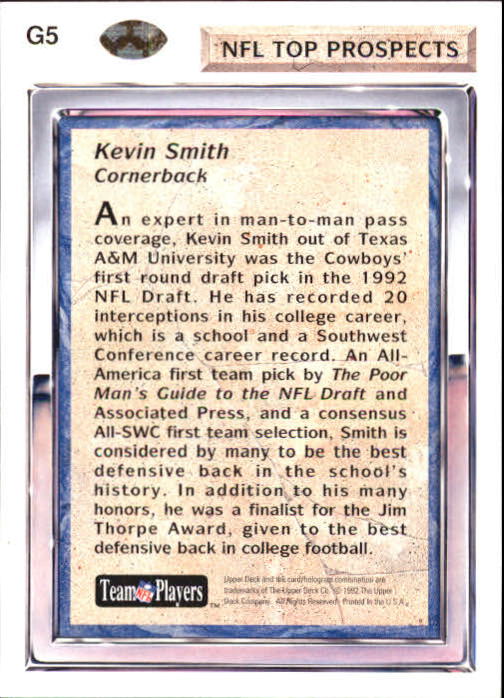 1992 Upper Deck Gold #G5 Kevin Smith RC back image