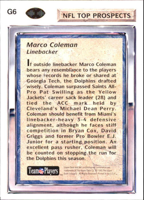 1992 Upper Deck Gold #G6 Marco Coleman RC back image