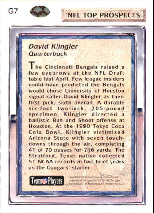 1992 Upper Deck Gold #G7 David Klingler RC back image