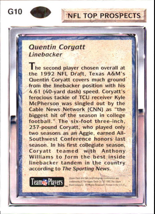 1992 Upper Deck Gold #G10 Quentin Coryatt RC back image