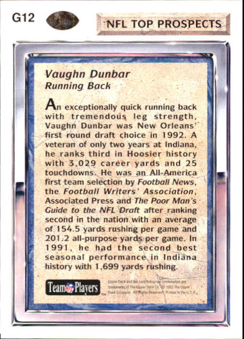 1992 Upper Deck Gold #G12 Vaughn Dunbar RC back image