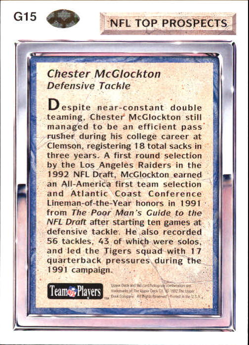 1992 Upper Deck Gold #G15 Chester McGlockton RC back image