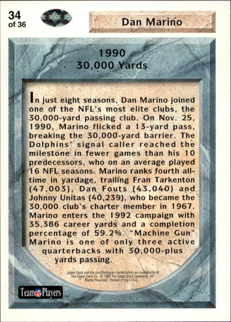 1992 Upper Deck Dan Marino Heroes #34 Dan Marino 30,000 YD. back image