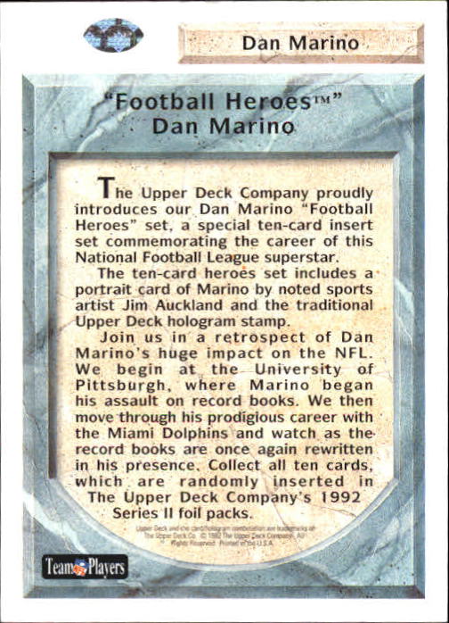 1992 Upper Deck Dan Marino Heroes #NNO Dan Marino Header back image