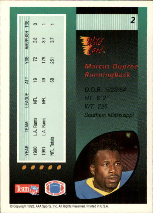 Marcus Dupree Signed 1991 Pro Line Portraits Card w/Stamp Autographed Rams