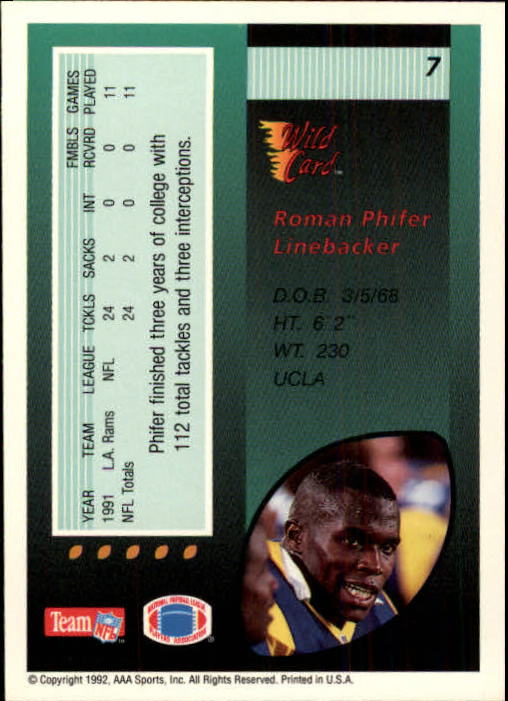 1992 Wild Card #7 Roman Phifer back image