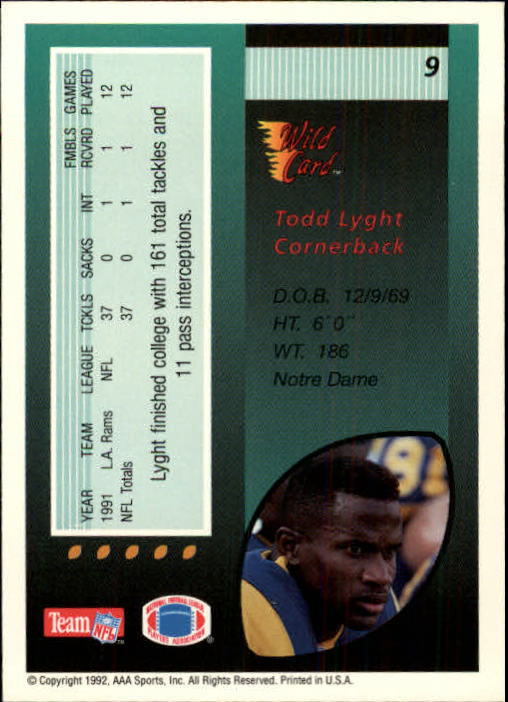 1992 Wild Card #9 Todd Lyght back image