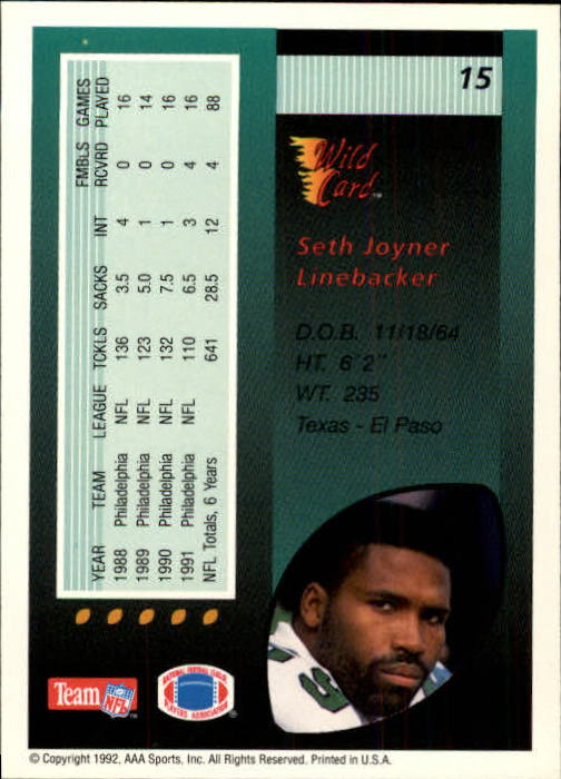 1992 Wild Card #15 Seth Joyner back image