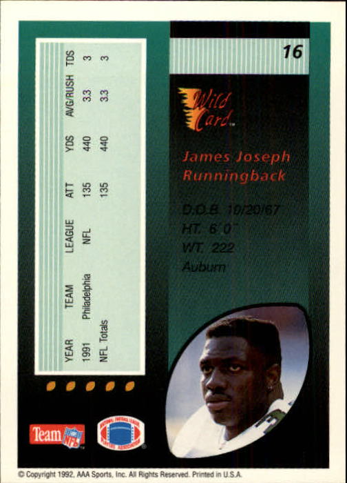 1992 Wild Card #16 James Joseph back image
