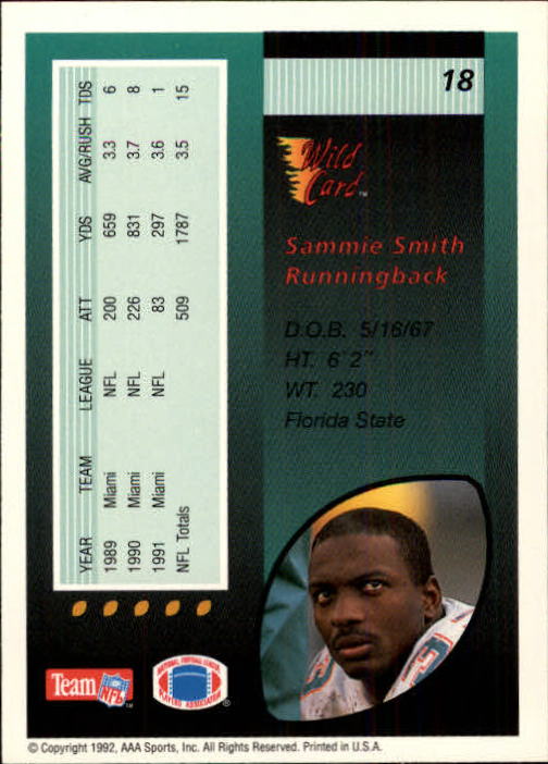 1992 Wild Card #18 Sammie Smith back image