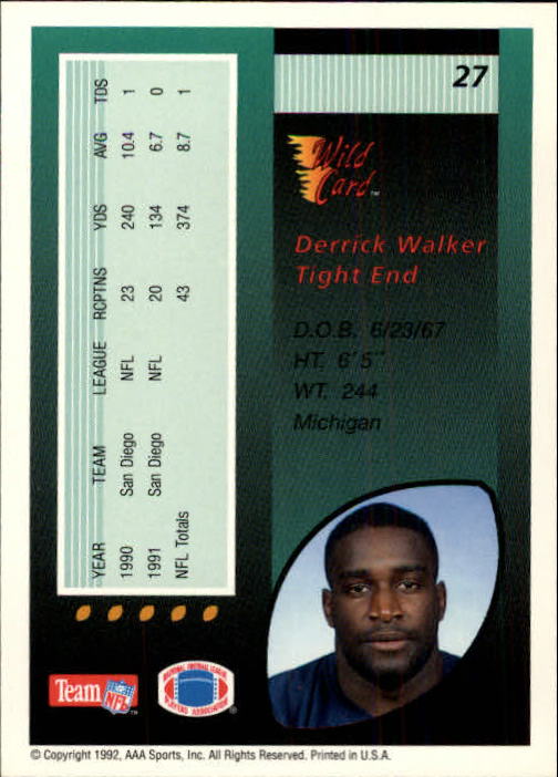 1992 Wild Card #27 Derrick Walker back image