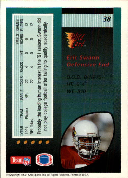 1992 Wild Card #38 Eric Swann back image
