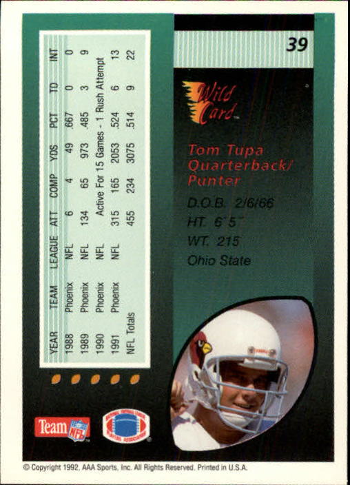 1992 Wild Card #39 Tom Tupa back image