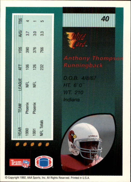 1992 Wild Card #40 Anthony Thompson back image
