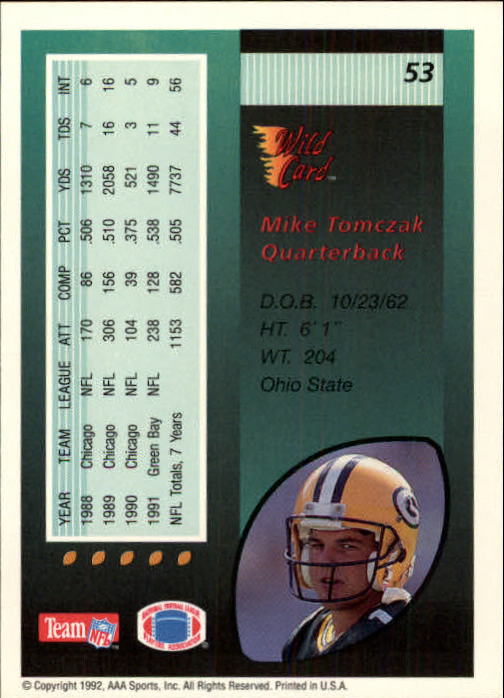1992 Wild Card #53 Mike Tomczak back image