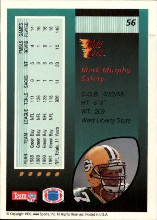 1992 Wild Card #56 Mark Murphy back image