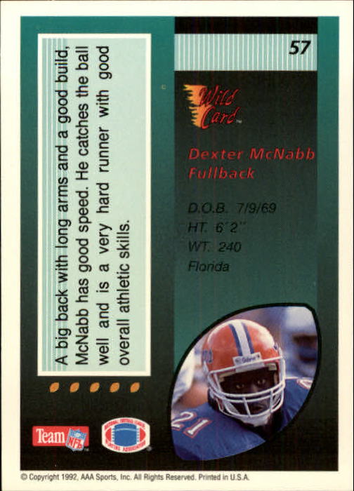 1992 Wild Card #57 Dexter McNabb RC back image
